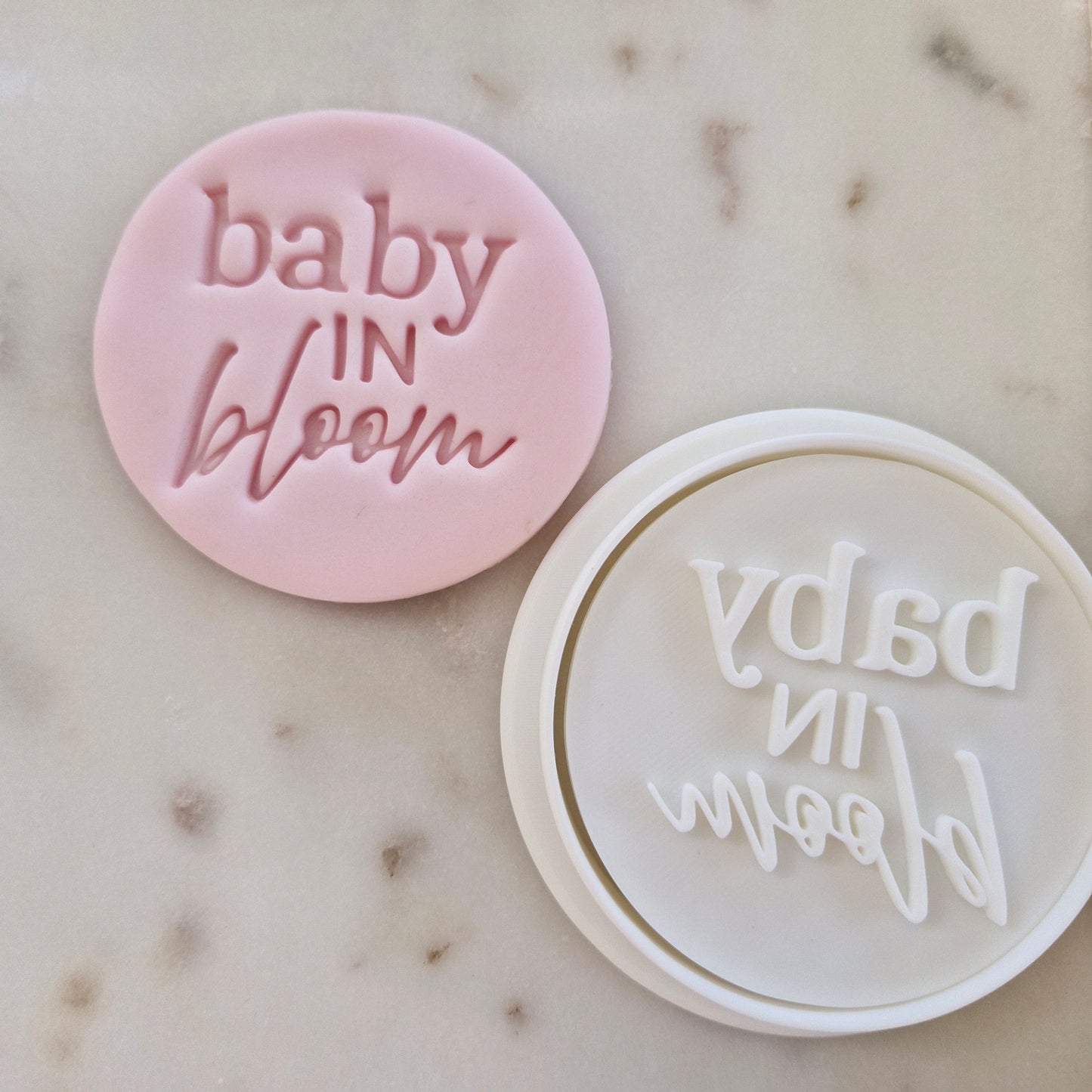 Baby in Bloom VS1 Cookie Cutter and Stamp ZOOMED OUT with cookie cutter and stamp