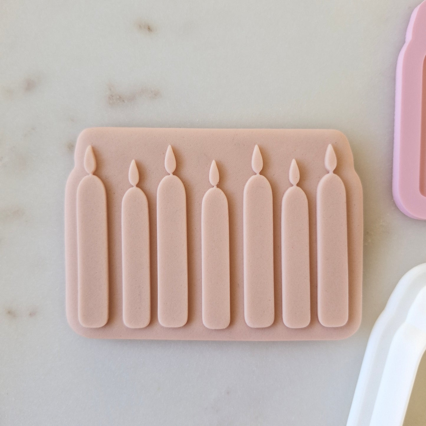 Birthday Candles Cookie Cutter and Stamp zoom in on white marble