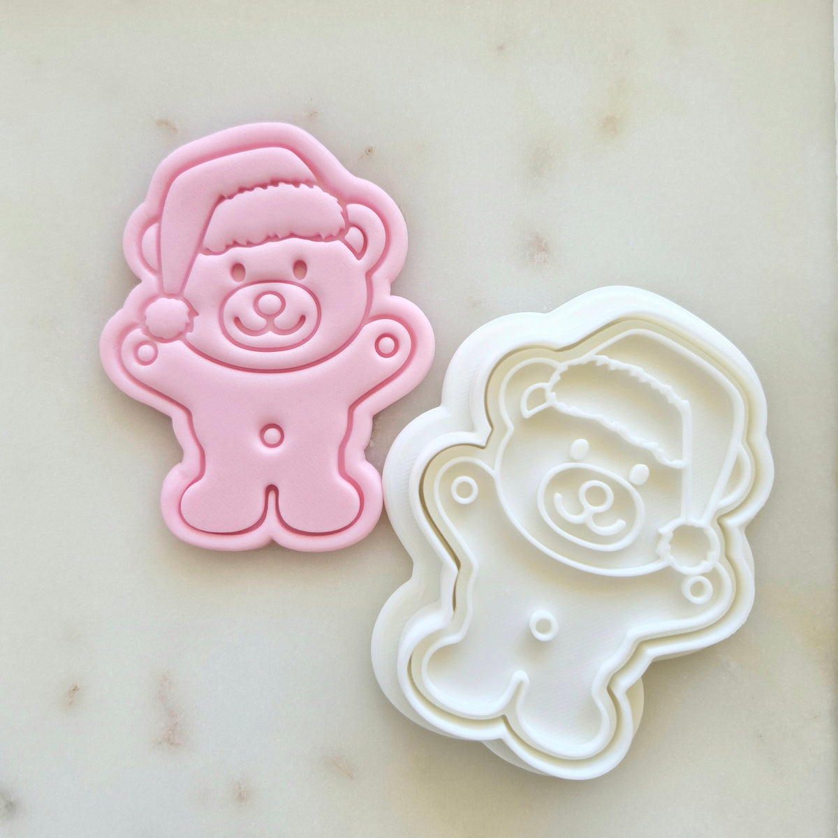 Christmas Tiny Teddy Bear Cookie Cutter and Stamp zoomed out showing both fondant and cookie cutter