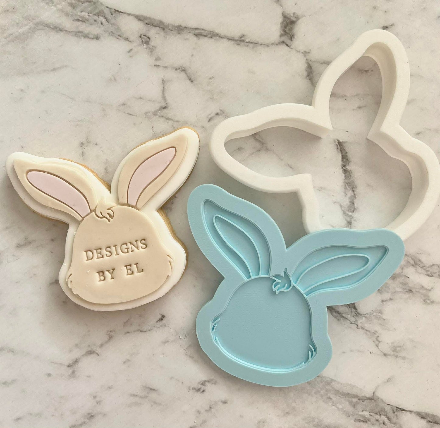 Bunny Head Cookie Cutter and Deboss Stamp - Baking Tool, on white marble