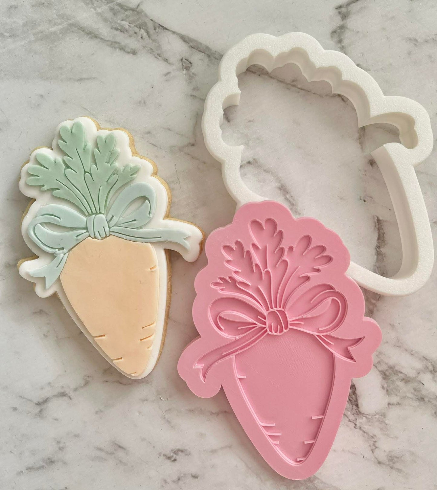 Carrot With Bow Cookie Cutter and Deboss Stamp - Baking Tool, on white marble background