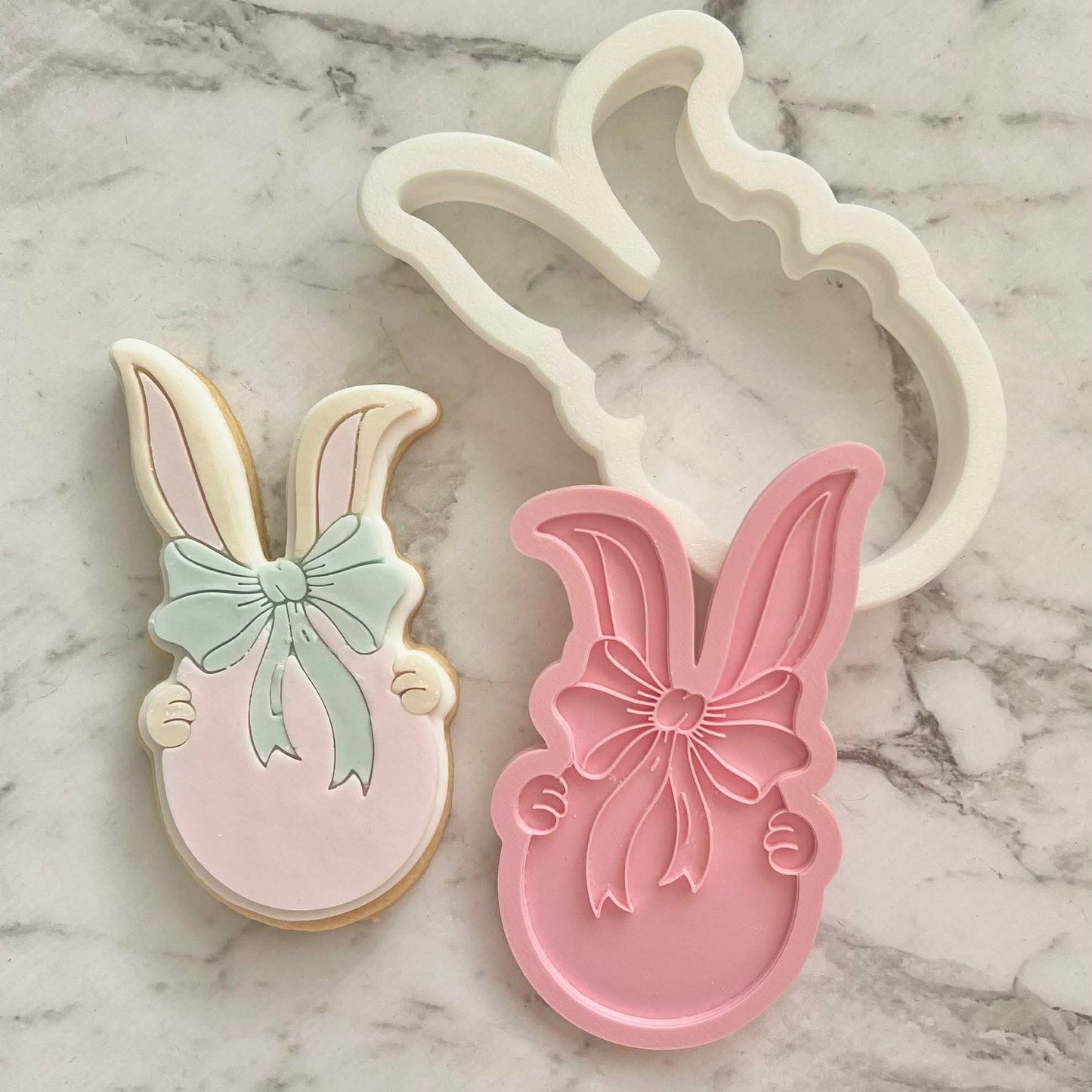 Bunny with Egg Cookie Cutter and Deboss Stamp - Baking Tool, on white marble