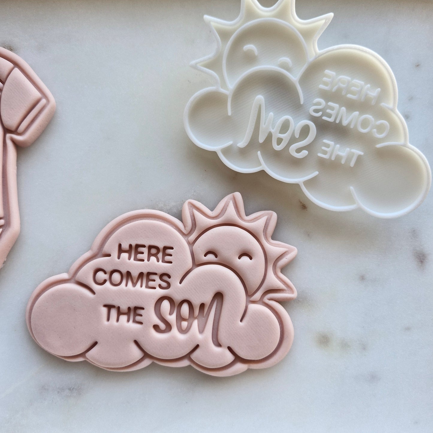 Here Comes the Son Cookie Cutter and Emboss Stamp - Baking Tool, zoomed out on marble background Here Comes the Son Set Cookie Cutter and Stamp Baking Tool