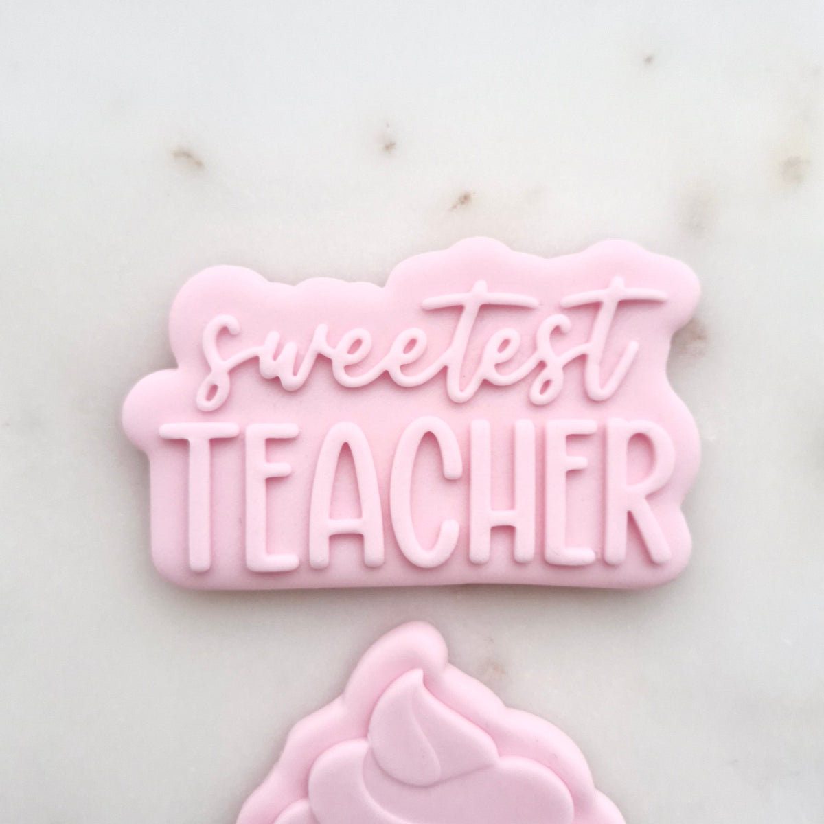 Sweetest Teacher Cookie Cutter and Deboss Stamp zoomed out Sweetest Teacher Set Cookie Cutter and Stamp zoomed in