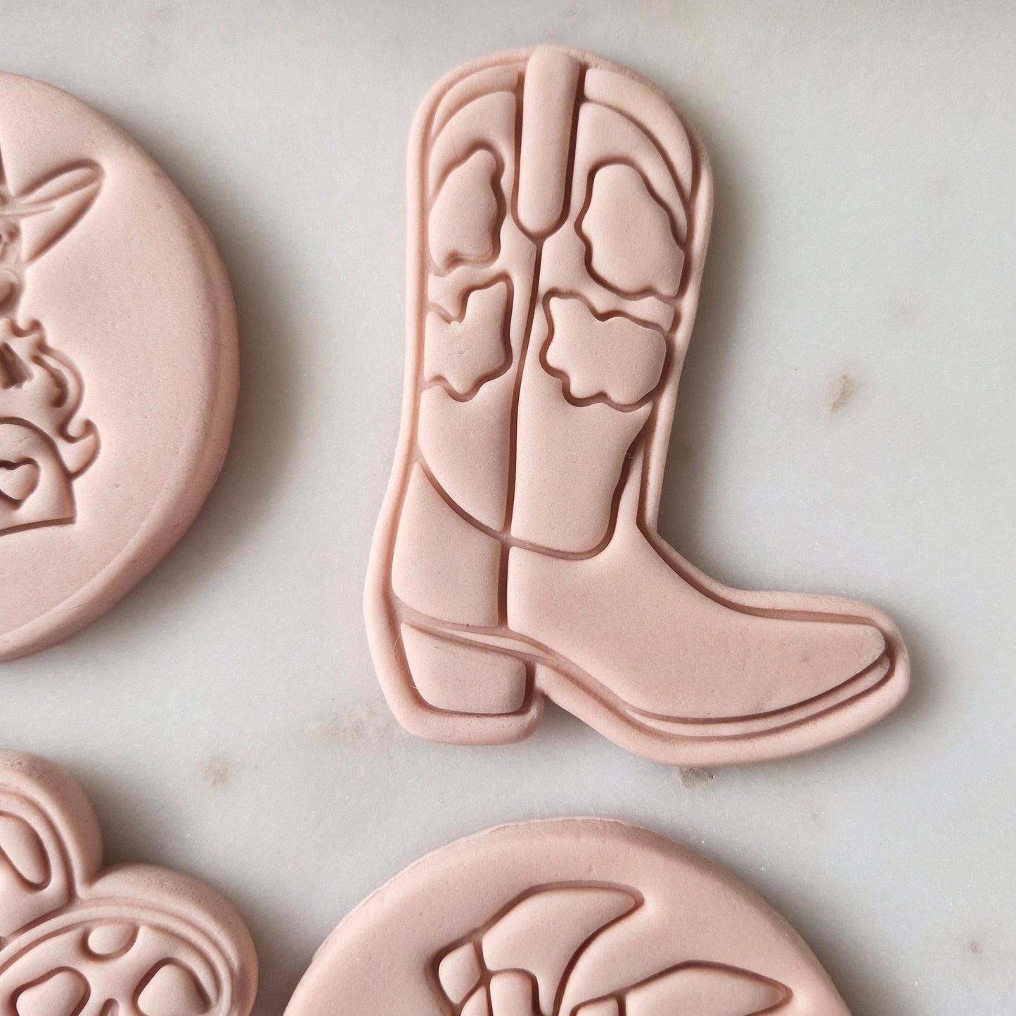 Cowhide Cowboy Boots Cookie Cutter and Stamp zoomed in  Cowgirl Set Cookie Cutter and Stamp