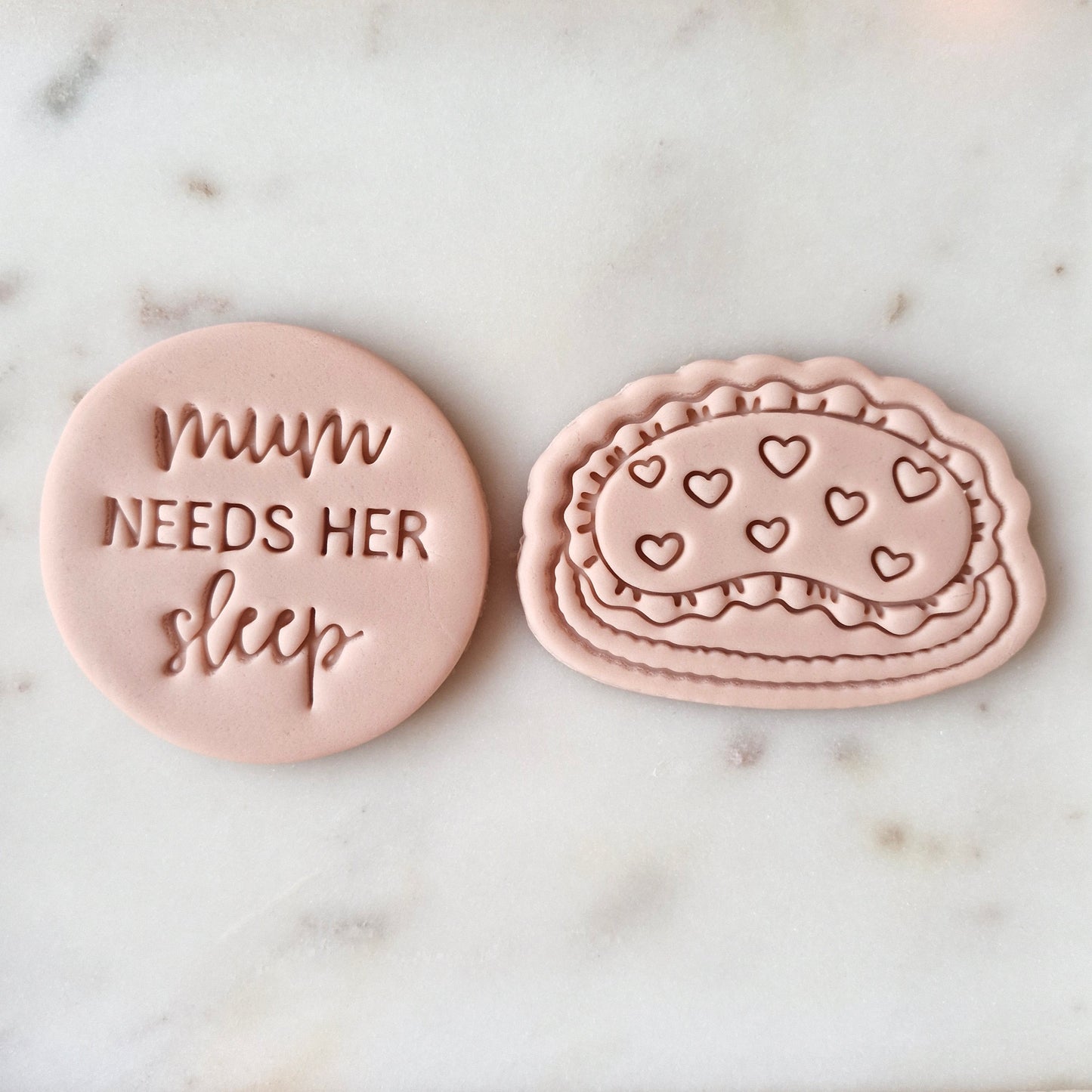 Mum Needs Her Sleep Cookie Cutter and Stamp Set set of two on white marble background