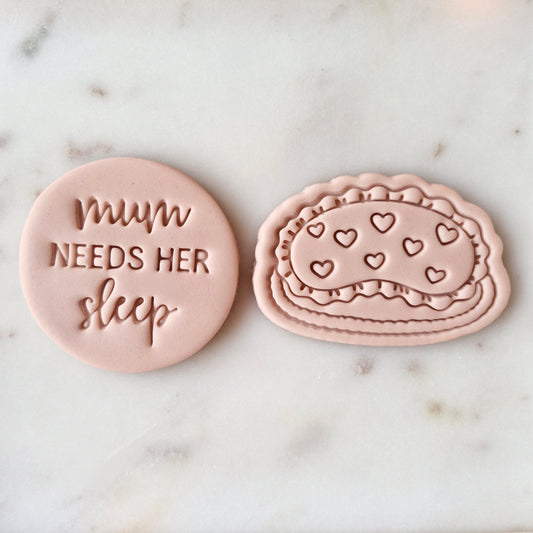 Mum Needs Her Sleep Cookie Cutter and Stamp Set set of two on white marble background