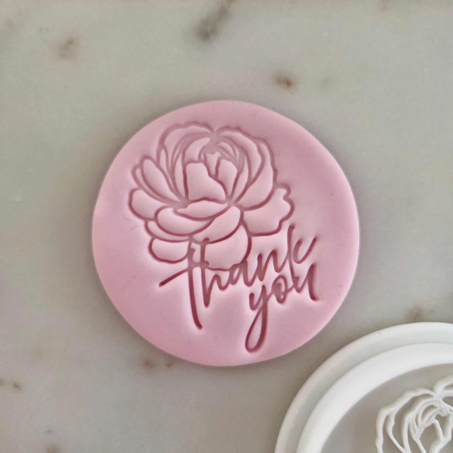 Thank you with Peony Cookie Cutter and Stamp Set zoomed in 