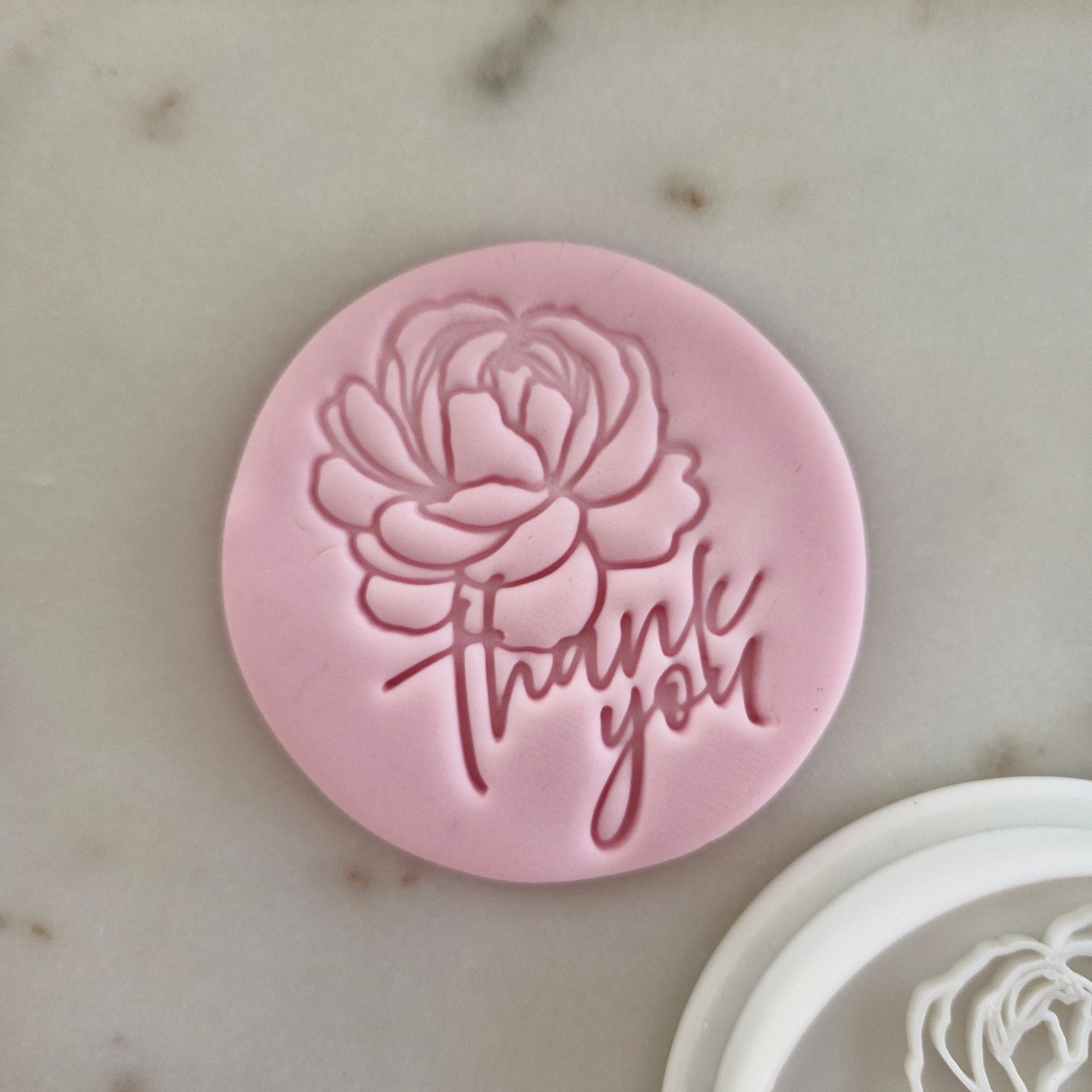 Thank you with Peony Cookie Cutter and Stamp Set zoomed in 