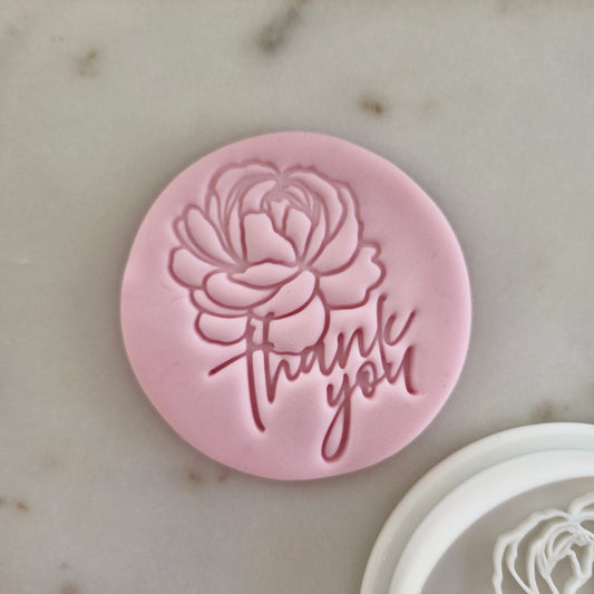 Thank you with Peony Cookie Cutter and Stamp Set zoomed in 