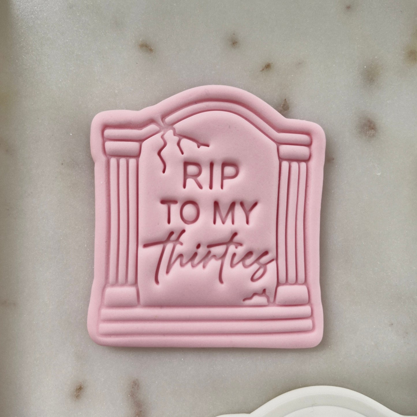 RIP To My Thirties Cookie Cutter and Stamp zoomed in 