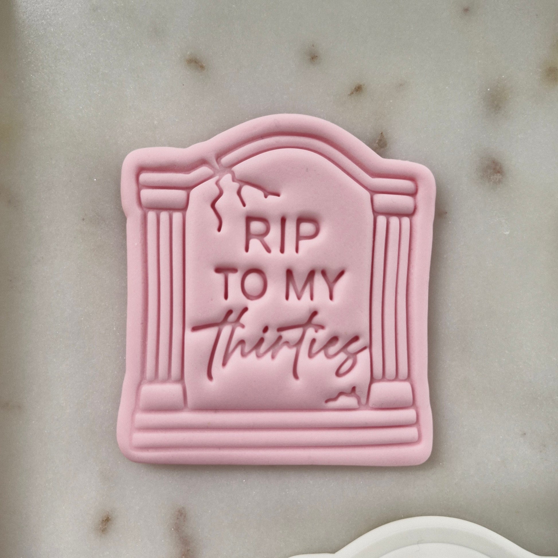 RIP To My Thirties Cookie Cutter and Stamp zoomed in 