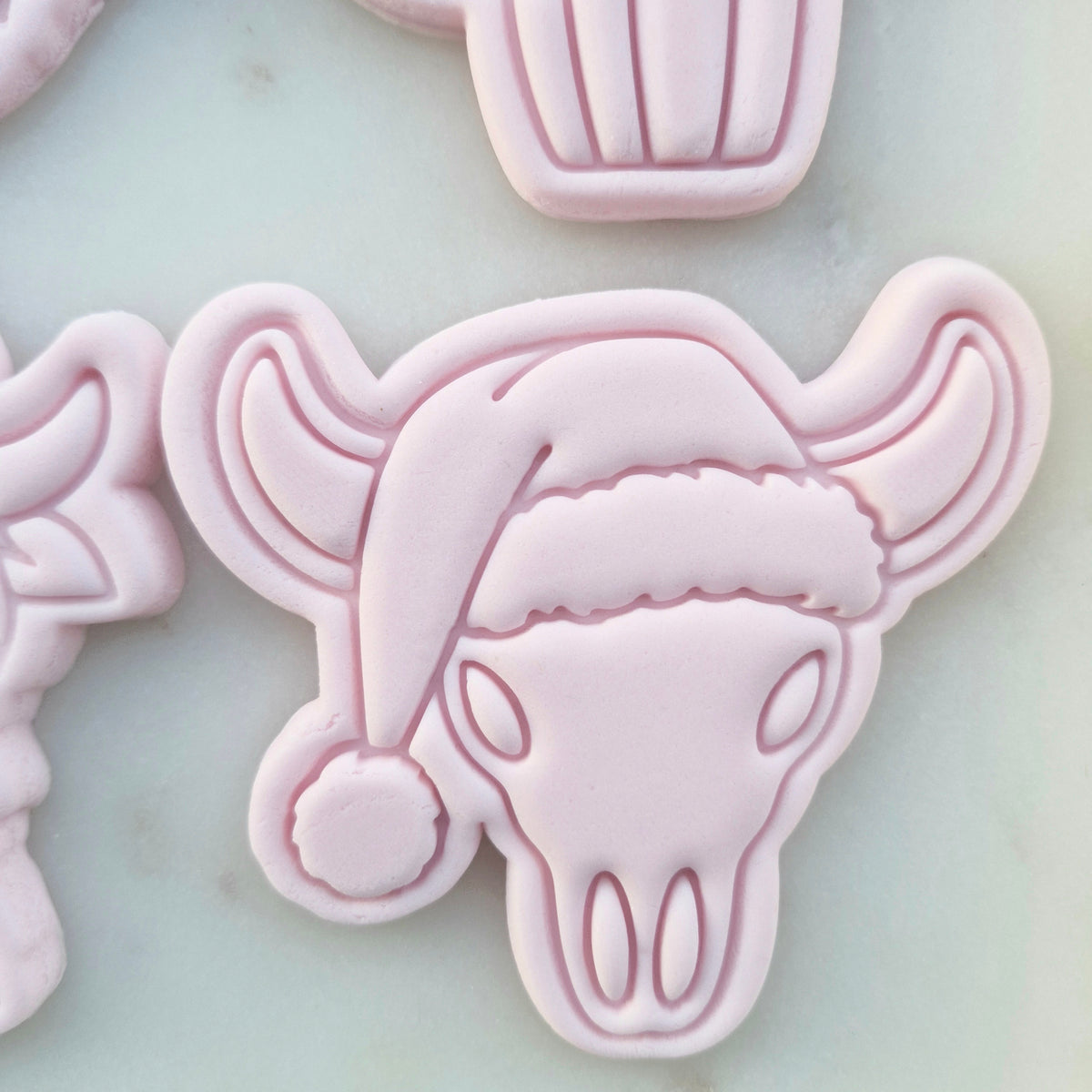 Christmas Cowboy Set Cookie Cutter and Stamp bull skull head with santa hat