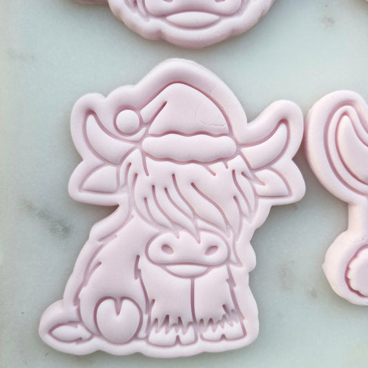 Christmas Cowboy Set Cookie Cutter and Stamp highland cow with santa hat Christmas Highland Cow Cookie Cutter and Stamp