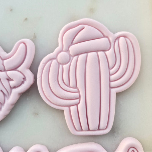 Christmas Cowboy Set Cookie Cutter and Stamp cactus with santa hat