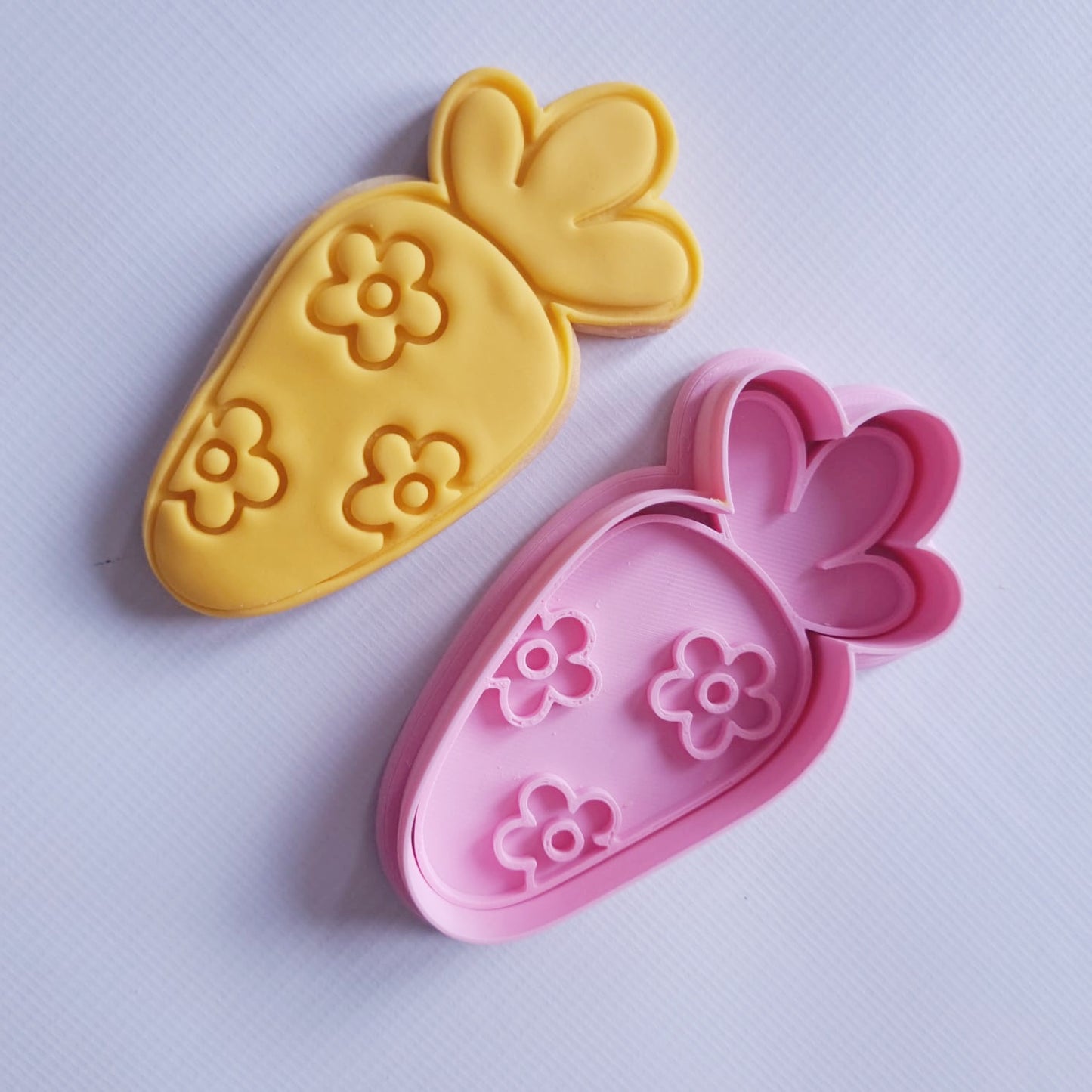 sugar cookie and cookie cutter and stamp in carrot shape with daisy flowers Floral Easter Carrot Cookie Cutter and Stamp