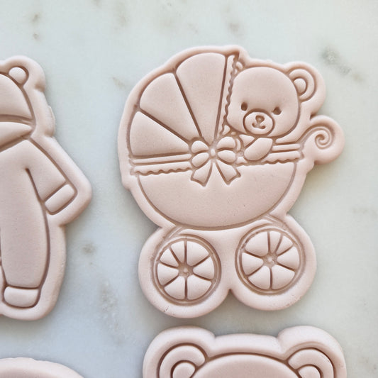 Bear in Pram Cookie Cutter and Stamp zoomed in