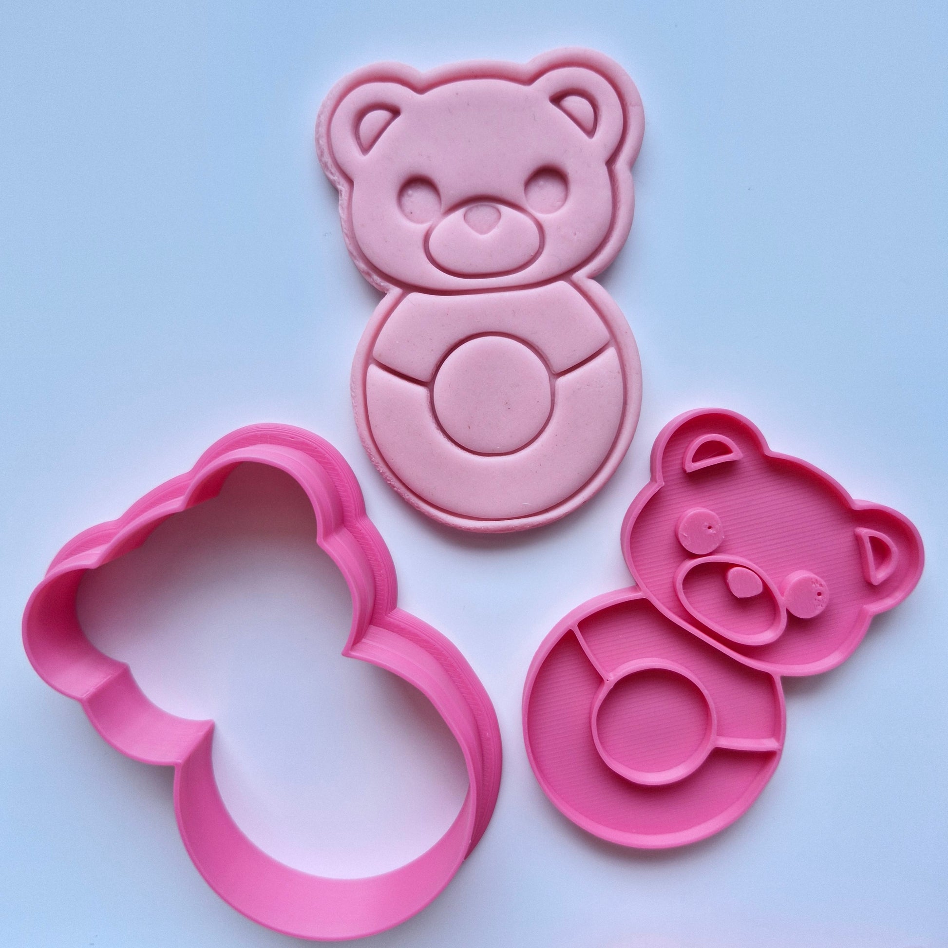 Bear Baby Rattle Cookie Cutter and Stamp, pink cookie cutter and stamp, with pink fondant baby rattle with bear head