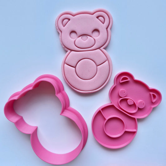 Bear Baby Rattle Cookie Cutter and Stamp, pink cookie cutter and stamp, with pink fondant baby rattle with bear head