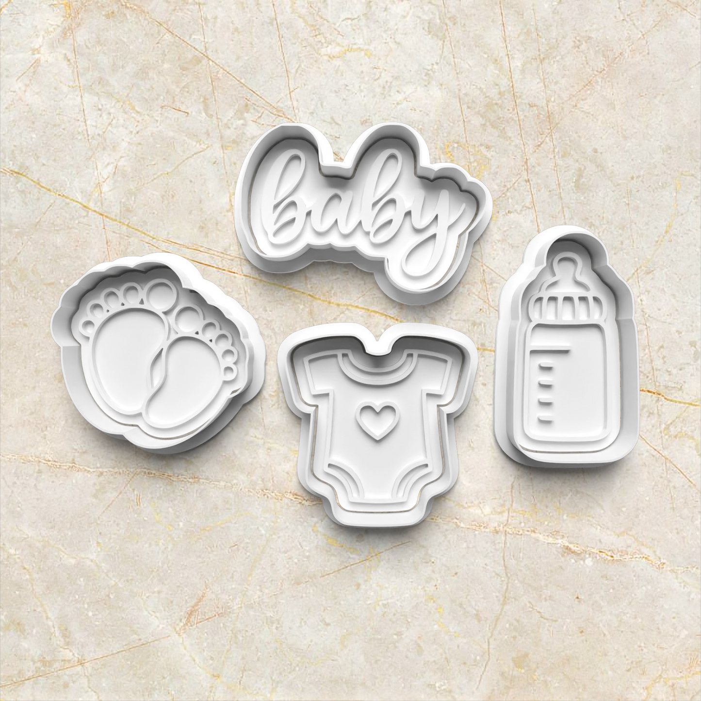Baby Set Cookie Cutter and Emboss Stamp - Baking Tool, set on yellow marble
