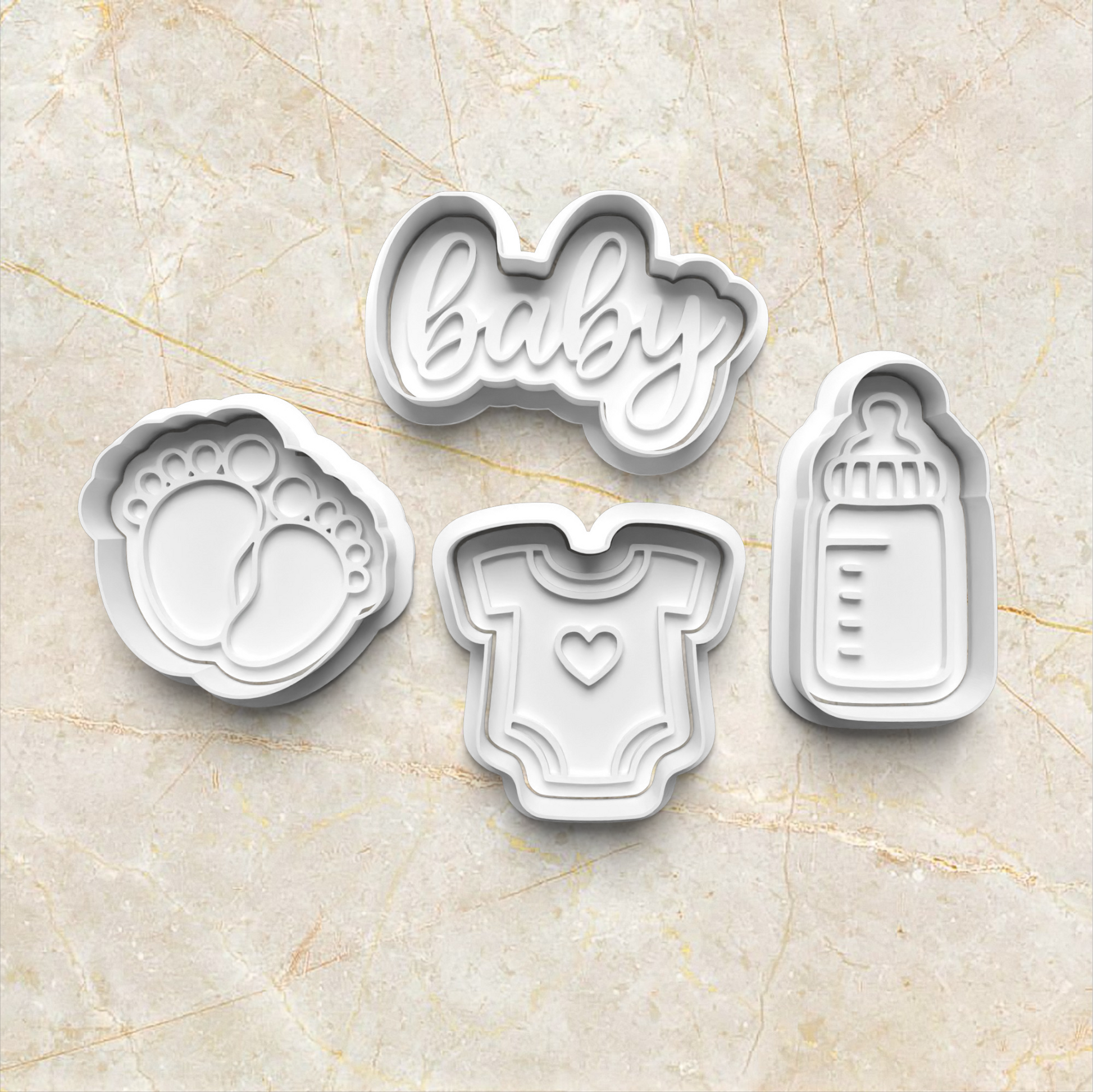 Baby Set Cookie Cutter and Emboss Stamp - Baking Tool, set on yellow marble