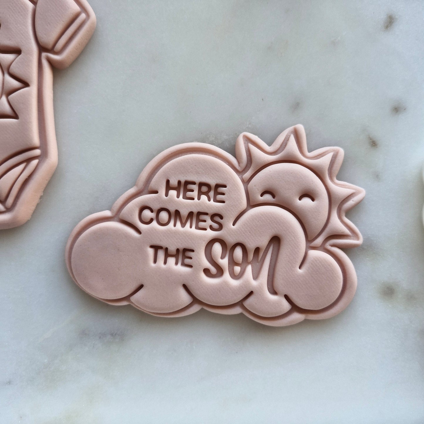 Here Comes the Son Cookie Cutter and Emboss Stamp - Baking Tool zoomed in on marble background Here Comes the Son Set Cookie Cutter and Stamp Baking Tool