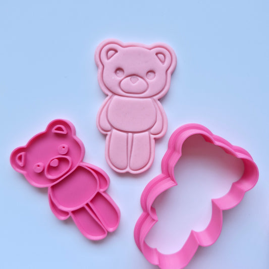 Standing Teddy Bear Cookie Cutter and Stamp, pink fondant, pink cookie cutter stamp in the shape of a standing bear 