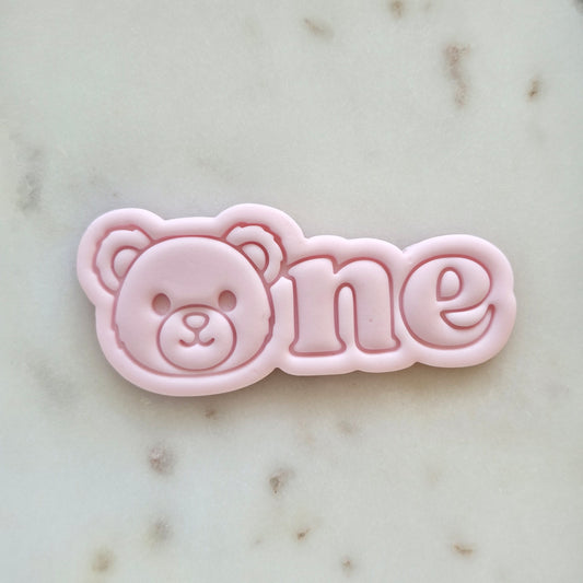 Beary First Birthday Set Cookie Cutter and Emboss Stamp one with bear head Basic One with Bear Cookie Cutter and Stamp zoomed in
