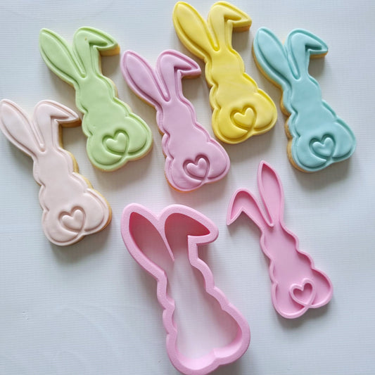5 sugar cookies and cookie cutter with stamp of the design of a bunny back with love heart tail Bunny with Heart Tail Cookie Cutter and Stamp