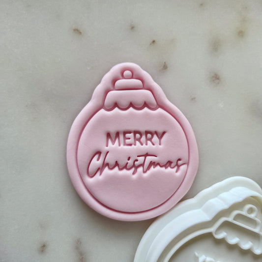 Merry Christmas Bauble Cookie Cutter and Stamp zoomed in