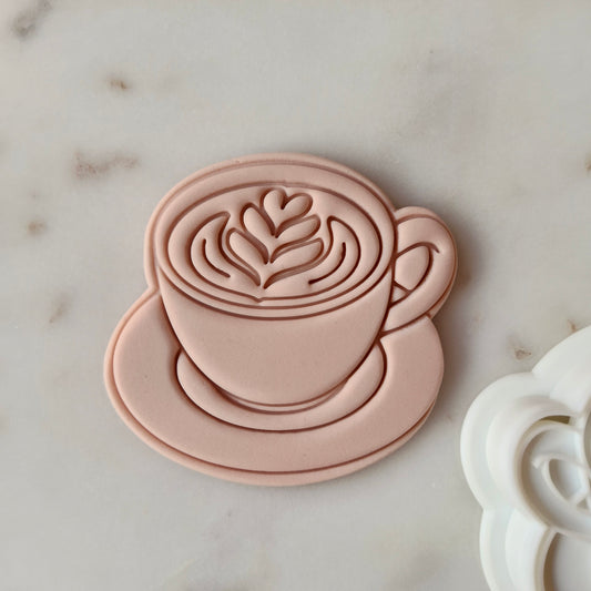 Mum Fuel Set Cookie Cutter and Stamp zoomed in on the coffee cup with artwork in it, on white marble background Coffee Cup Cookie Cutter and Stamp