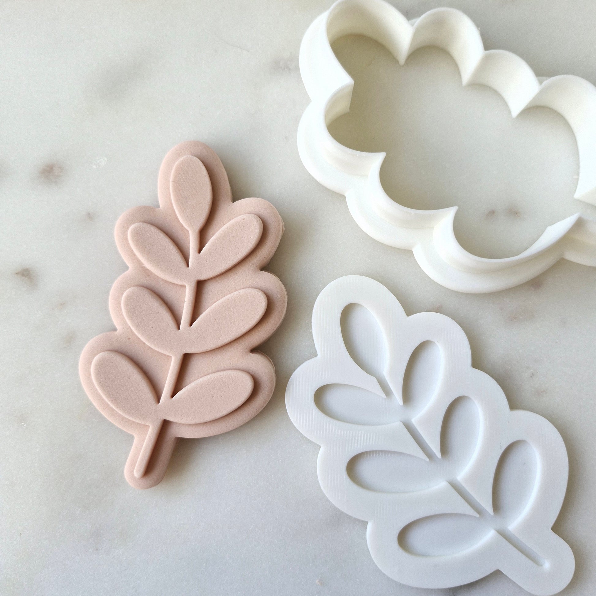 zoomed out on white marble background Botanical Leaf Cookie Cutter and Stamp