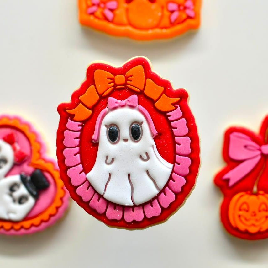 Coquette Ghost In Frame Cookie Cutter and Stamp sugar cookie decorated two tone colors