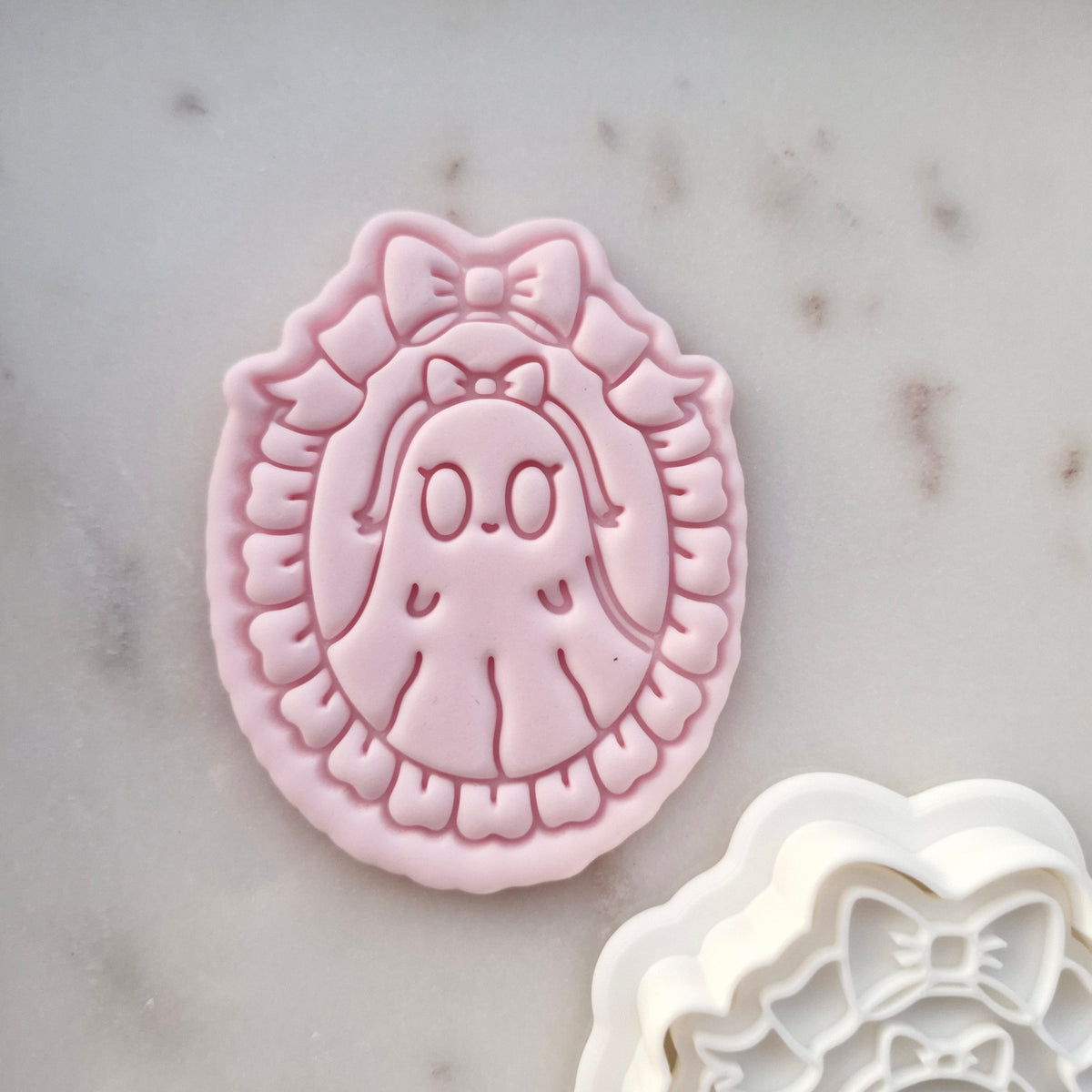 Coquette Ghost In Frame Cookie Cutter and Stamp zoomed in