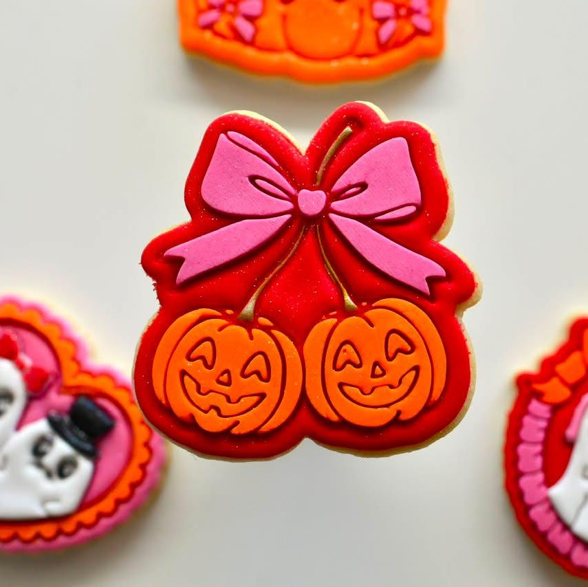 Pumpkin Cherries with Bow Cookie Cutter and Stamp sugar cookie two toned