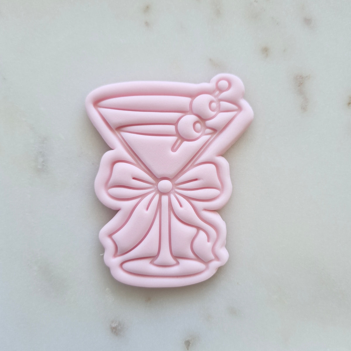 Coquette Martini with Olives Cookie Cutter and Stamp zoomed in on drink with bow