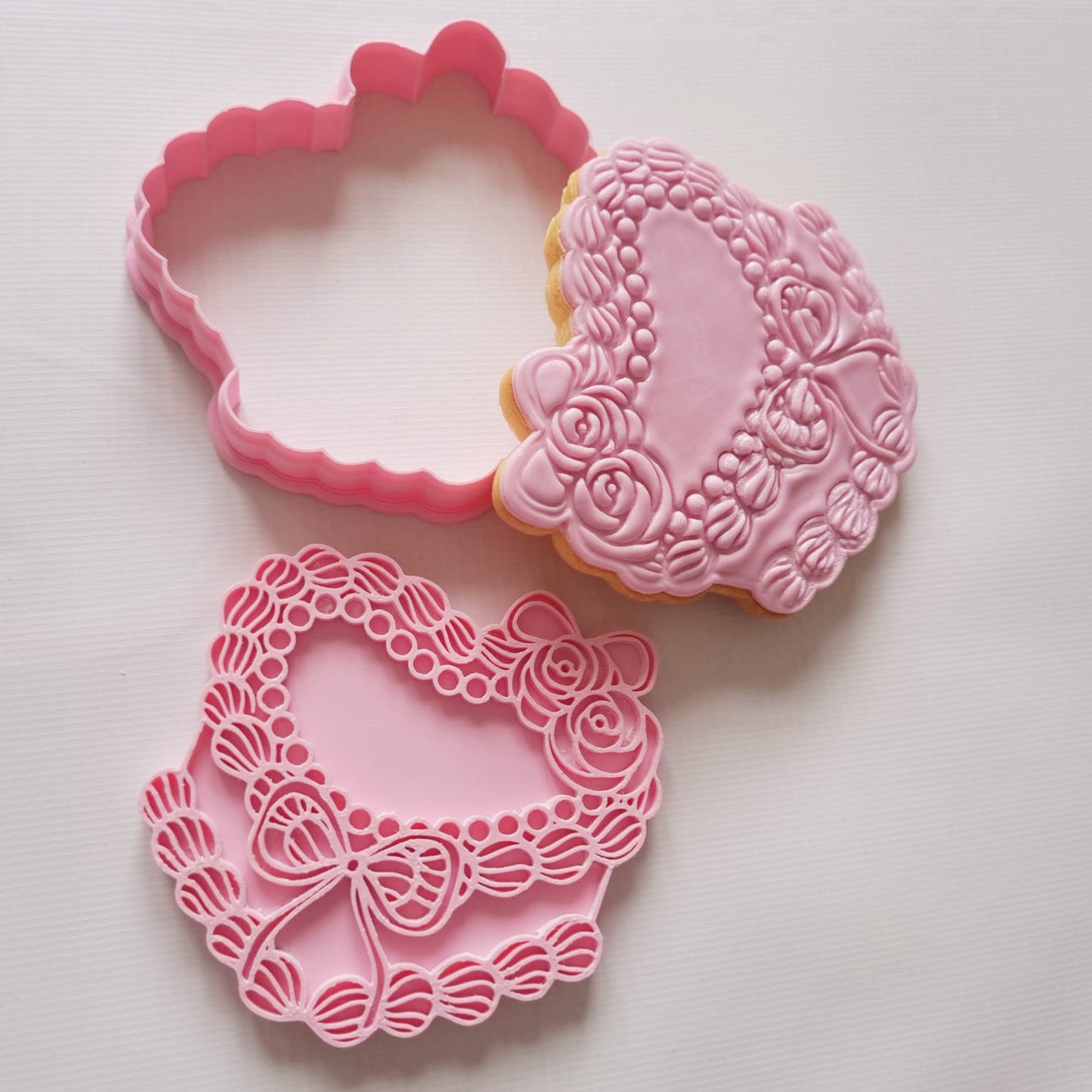 vintage heart cake with bow, in sugar cookie and cookie cutter with stamp Vintage Heart Cake Cookie Cutter and Stamp