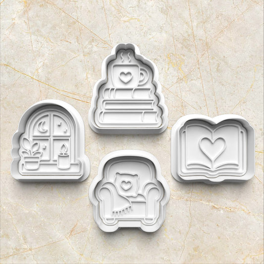 Cozy Reading Set Cookie Cutter and Stamp set of 4
