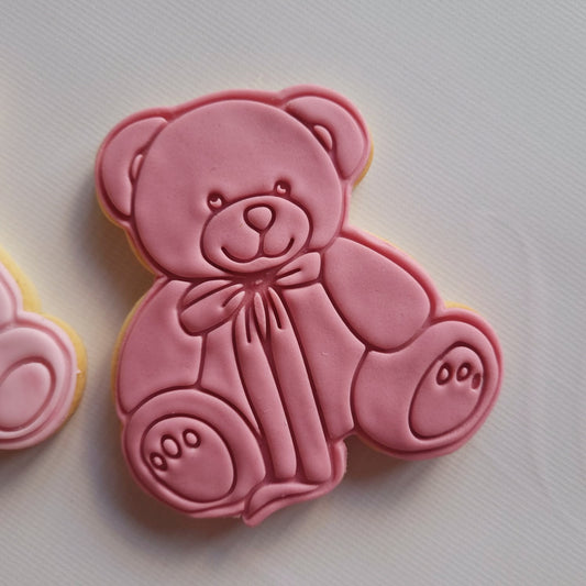 sugar cookie in the shape of a bear with a big bow, in one colour and white background Coquette Bear Cookie Cutter and Stamp