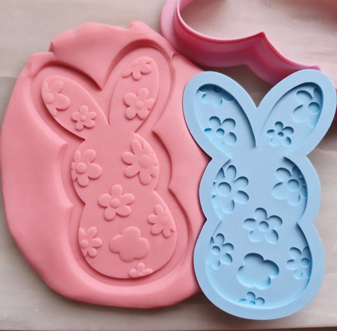 floral bunny cookie cutter and stamp debossed onto fondant Floral Bunny Cookie Cutter and Deboss Stamp
