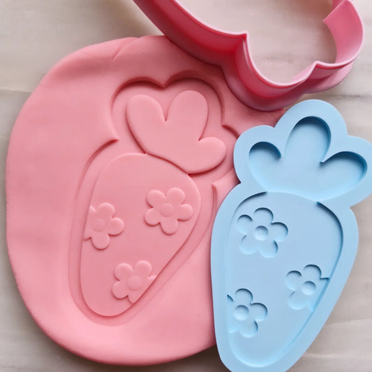 easter carrot with daisy on cookie deboss stamp stamped on fondant cutter Floral Carrot Cookie Cutter and Deboss Stamp