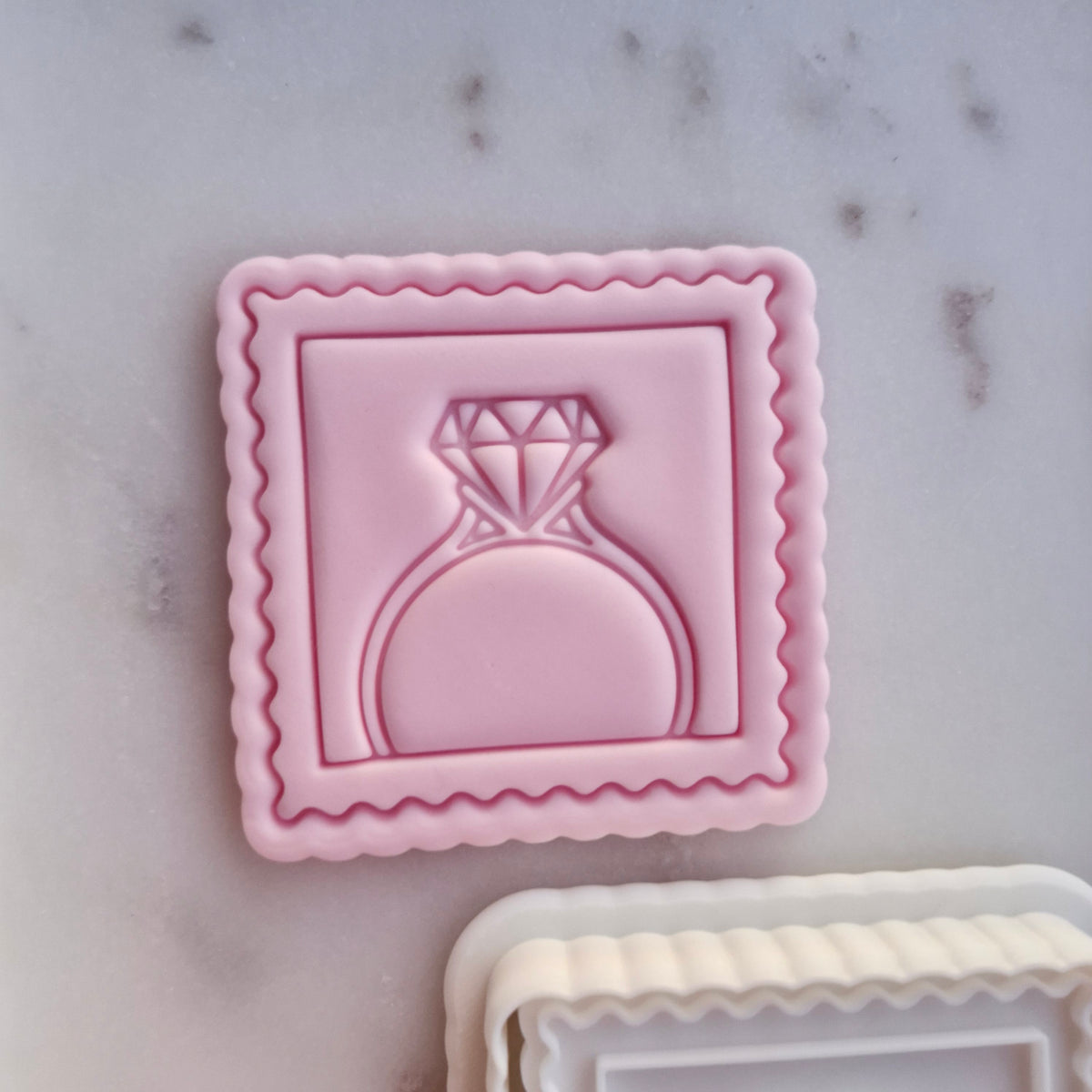Ring in Postage Stamp Cookie Cutter and Stamp zoomed in