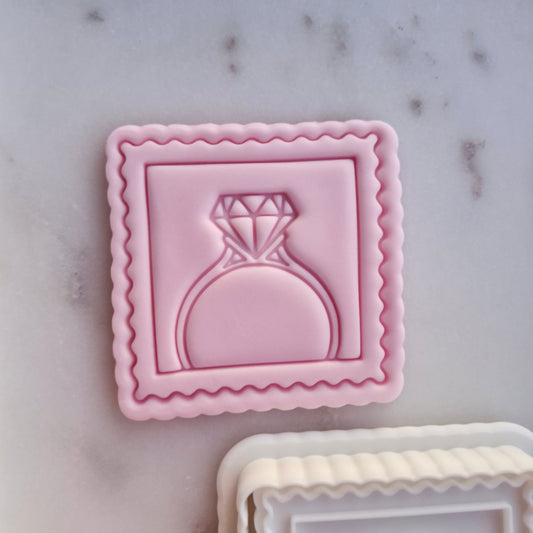Ring in Postage Stamp Cookie Cutter and Stamp zoomed in