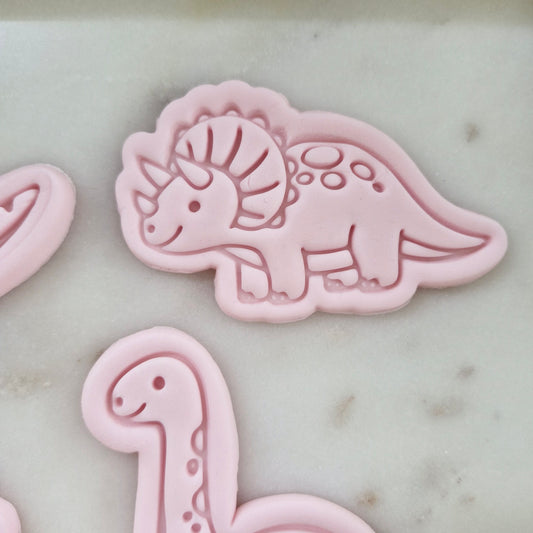 Dinosaur Set Cookie Cutter and Stamp zoomed in Dinosaur Triceratops Cookie Cutter and Stamp