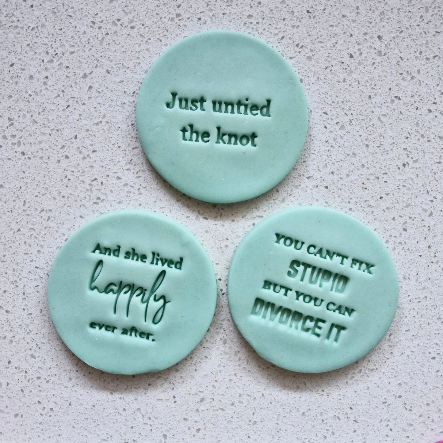 Divorce Quotes Cookie Cutter and Emboss Stamp - Baking Tool, set on white speckled marble