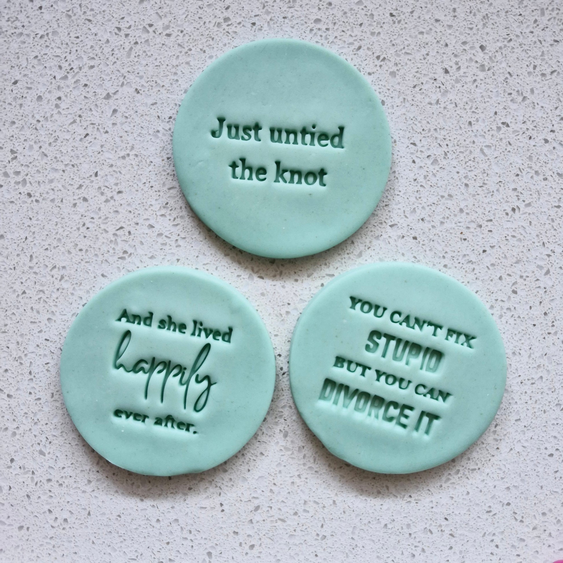 Divorce Quotes Cookie Cutter and Emboss Stamp - Baking Tool, set on white speckled marble