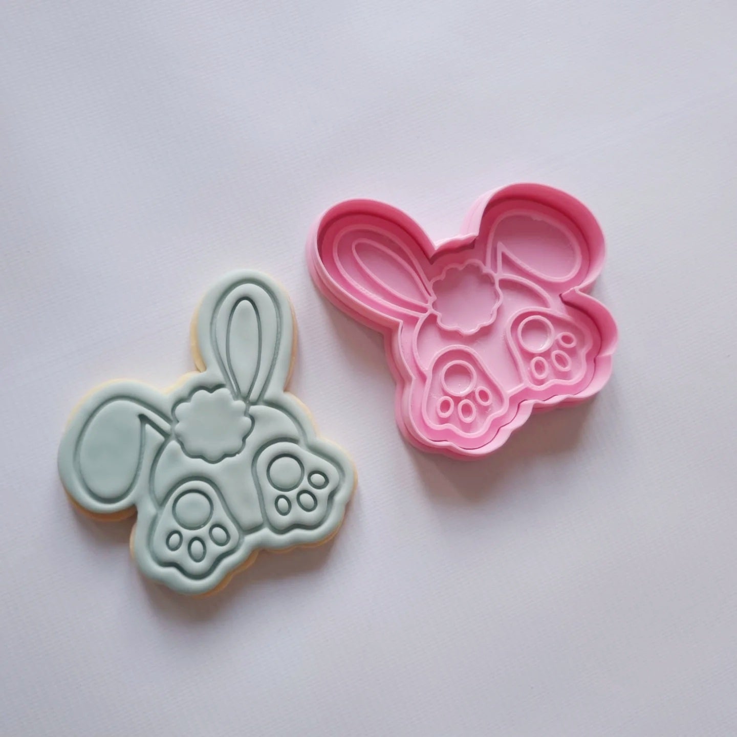 sugar cookie and cookie cutter and stamp, bunny bum with ears on white background Bunny Bum with Ears Cookie Cutter and Stamp