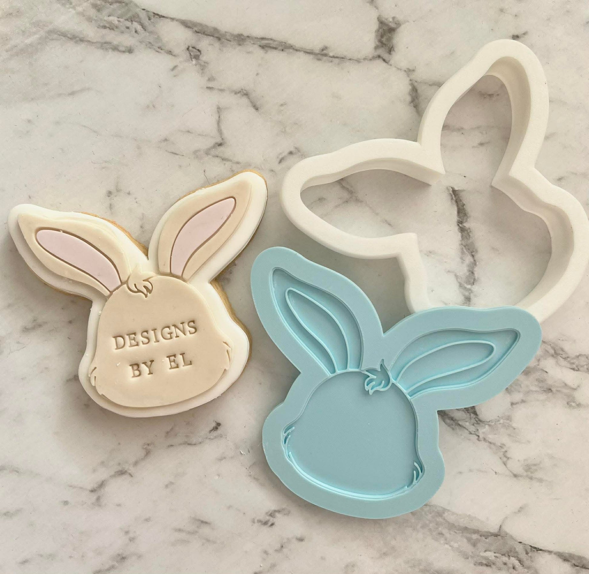 Bunny Head Cookie Cutter and Deboss Stamp - Baking Tool, on white marble