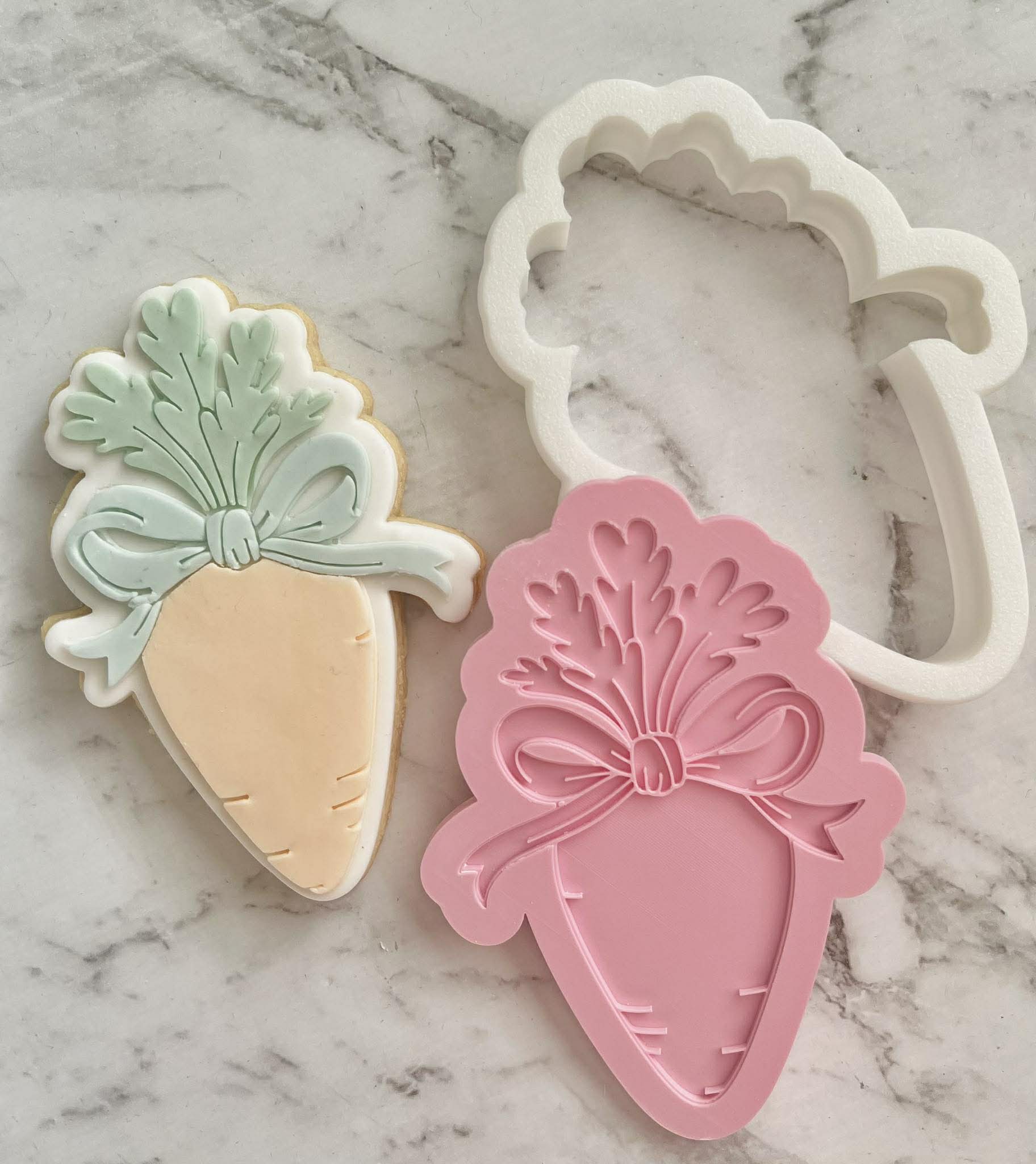 Carrot With Bow Cookie Cutter and Deboss Stamp - Baking Tool, on white marble background