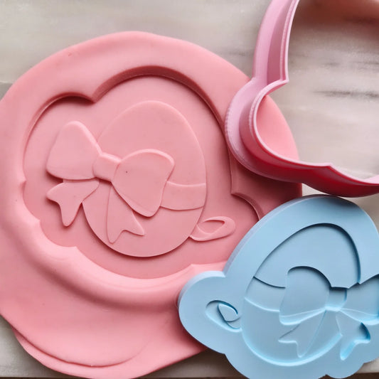 easter egg with bow cookie stamp and cutter press on fondant Easter Egg with Bow Cookie Cutter and Deboss Stamp 